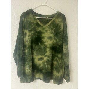 LOGO Lounge Lori Goldstein Green Tie Dye V-Neck Long Sleeve Top XL